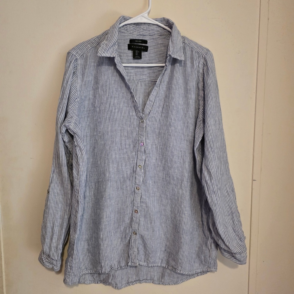 Tahari Womens 100% Linen Button Up Top Size Large Striped Coastal Beach